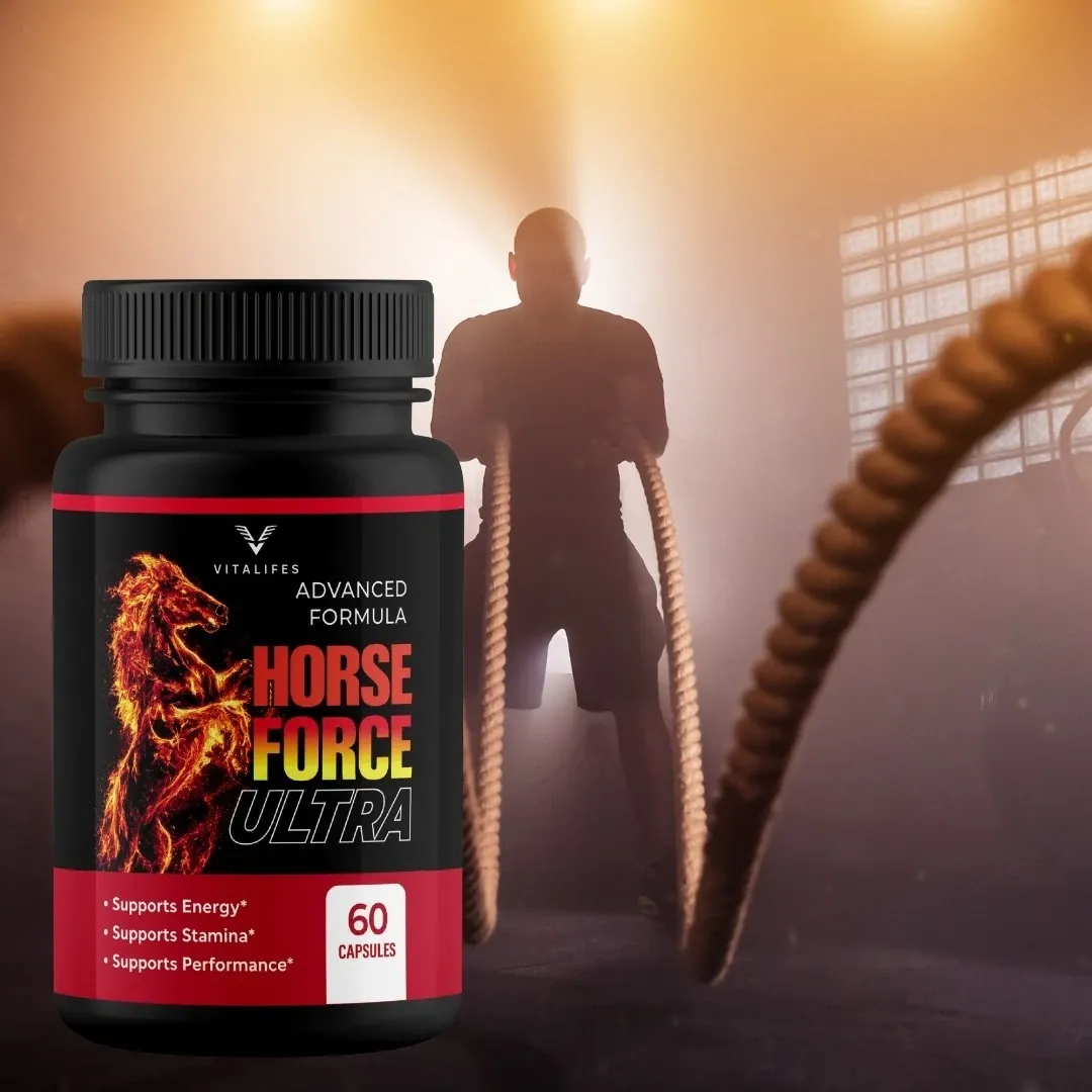 Horse Force bottle in front of a man training with battle ropes in a gym